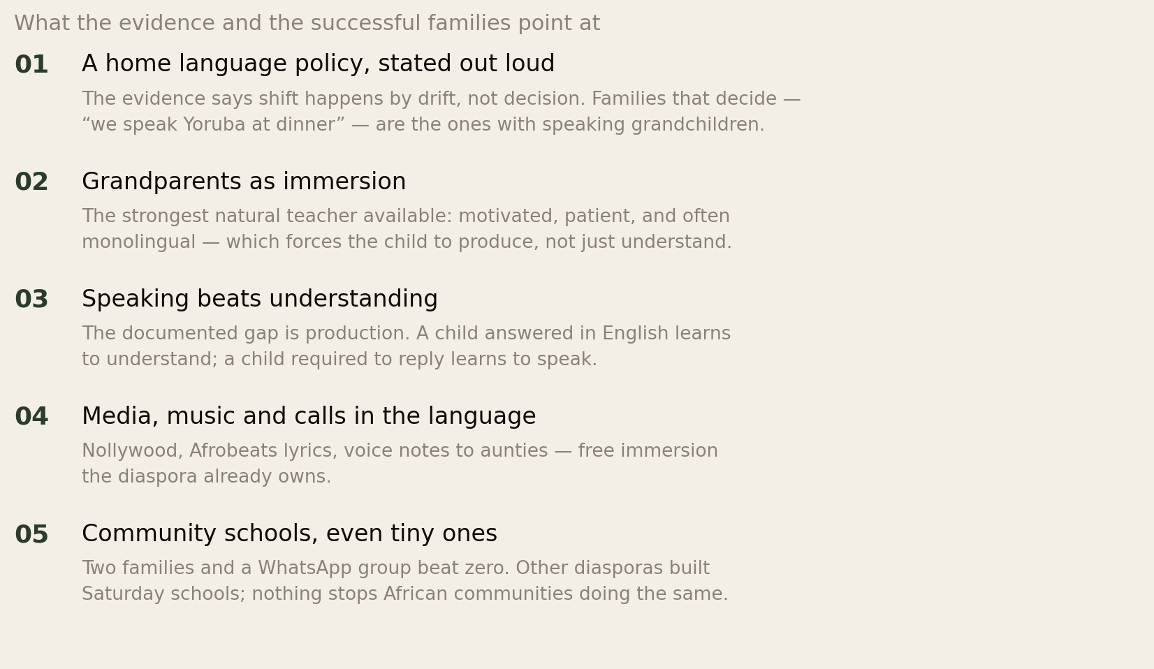 Five practices: a home language policy stated out loud, because shift happens by drift and families that decide are the ones with speaking grandchildren; grandparents as immersion, the strongest natural teacher available; speaking beats understanding, since a child required to reply learns to speak; media, music and calls in the language, free immersion the diaspora already owns; community schools even tiny ones, because two families and a WhatsApp group beat zero.