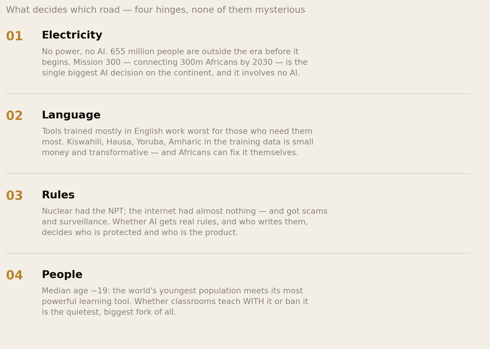 Four hinges: electricity and Mission 300, African languages in the training data, rules written early, and classrooms that teach with the machine